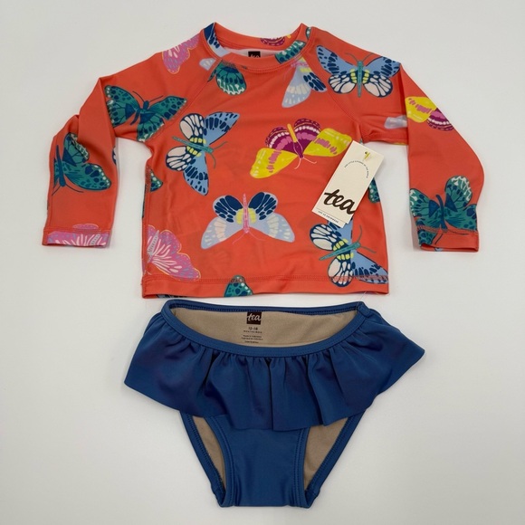 Tea Collection Girls Rash Guard Baby Swim Set 12-18 Mo Butterfly Orange Blue NWT - Picture 1 of 11